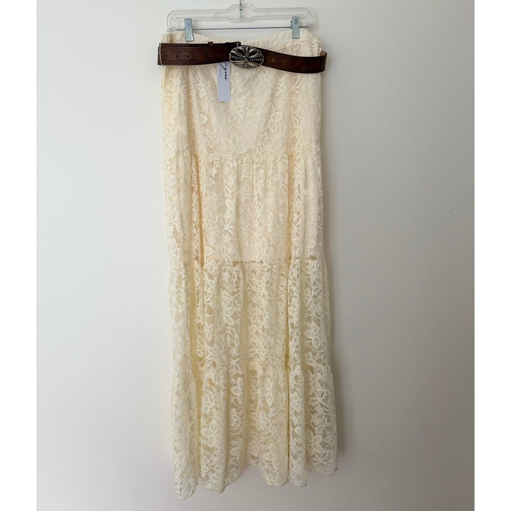 Vigoss Ivory Floral Lace Tiered Maxi Skirt with Embossed Western Belt Womens L